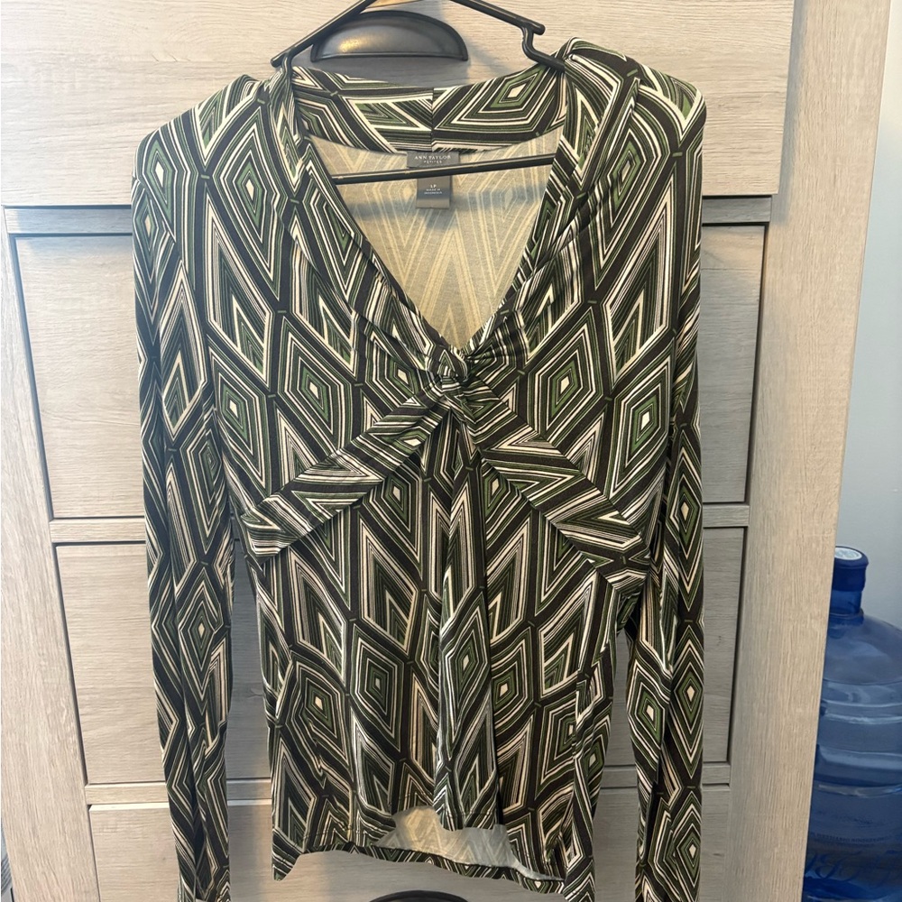 Ann Taylor Green and Black Geometric Blouse